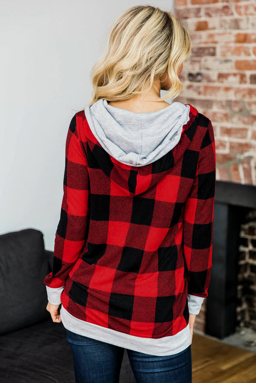 Red Plaid Pocket Drawstring Christmas Hooded Lounge Sets