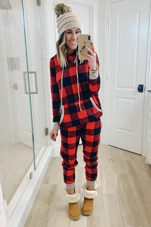 Red Plaid Pocket Drawstring Christmas Hooded Lounge Sets