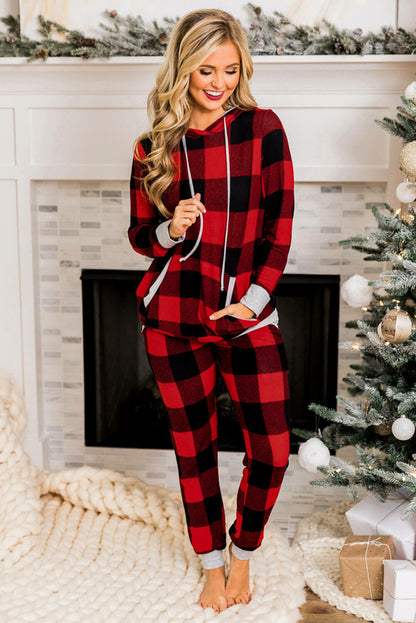 Red Plaid Pocket Drawstring Christmas Hooded Lounge Sets