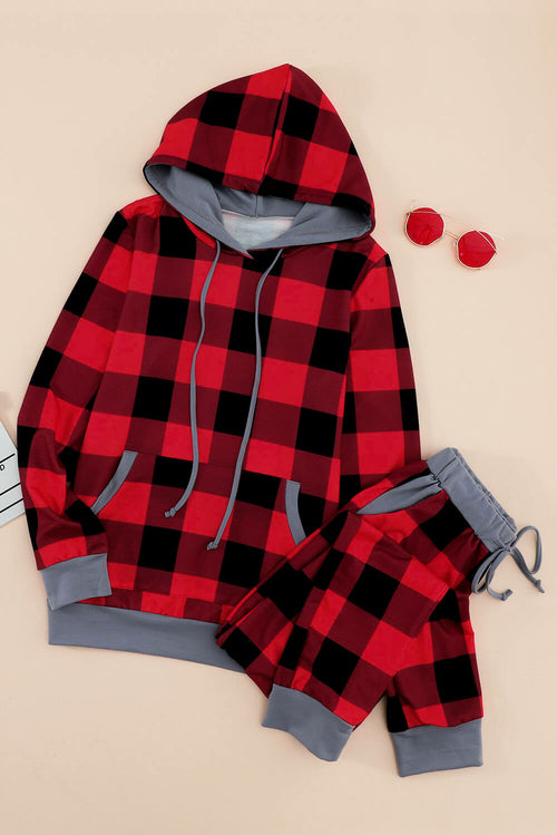 Red Plaid Pocket Drawstring Christmas Hooded Lounge Sets