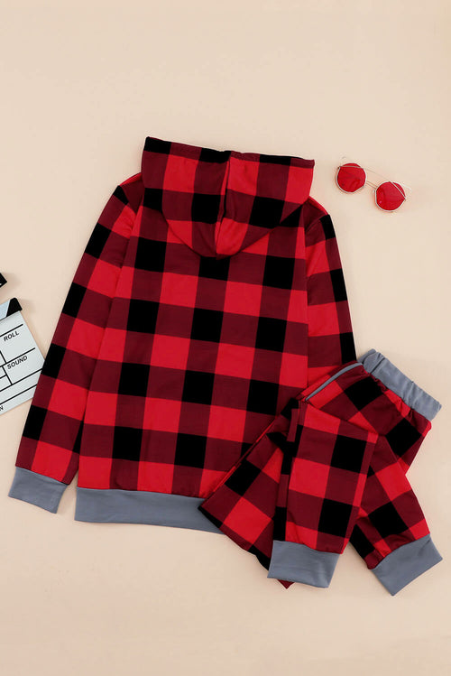 Red Plaid Pocket Drawstring Christmas Hooded Lounge Sets